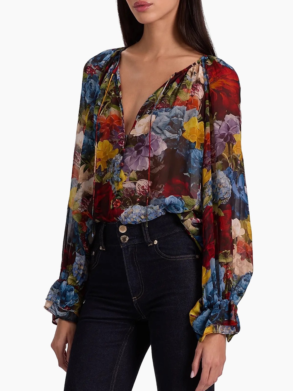 NWT ALICE + OLIVIA Josephine Split Neck
Blouson-Sleeve Blouse Size Large